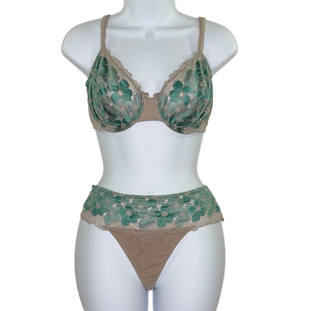 La Perla Studio Bra Thong Set 36D L Lace Underwire Green Tan Lingerie *flaw